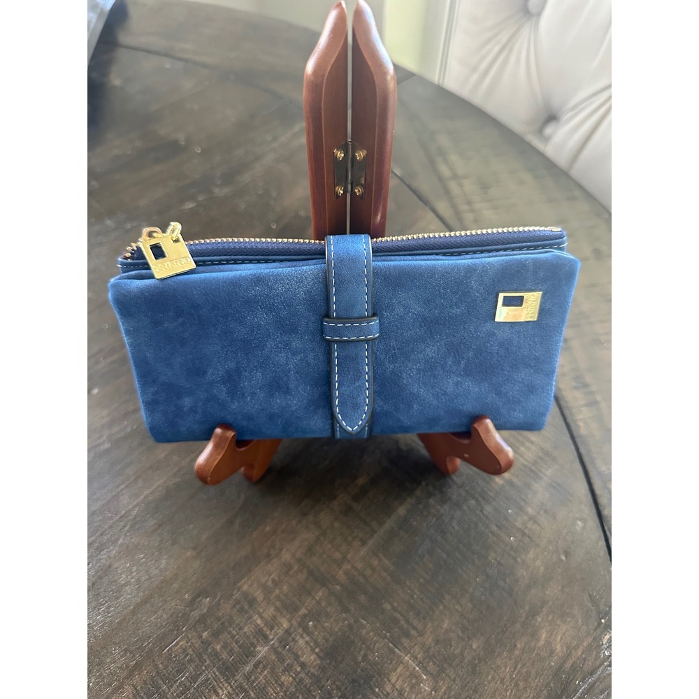 Friend Blue Faux Suede Long Bifold Wallet Gold Tone Hardware Zipper Pocket